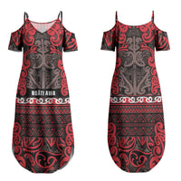 Aotearoa Iwi Ngati Awa Family Matching Summer Maxi Dress and Hawaiian Shirt Maori Wharenui House Tribal Pattern LT9 Mom's Dress Red - Polynesian Pride