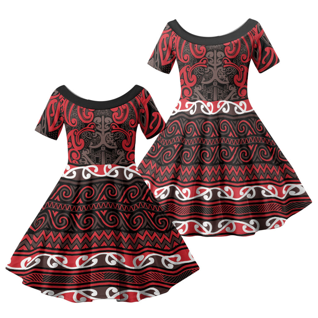 Aotearoa Iwi Ngati Awa Family Matching Summer Maxi Dress and Hawaiian Shirt Maori Wharenui House Tribal Pattern LT9 Daughter's Dress Red - Polynesian Pride
