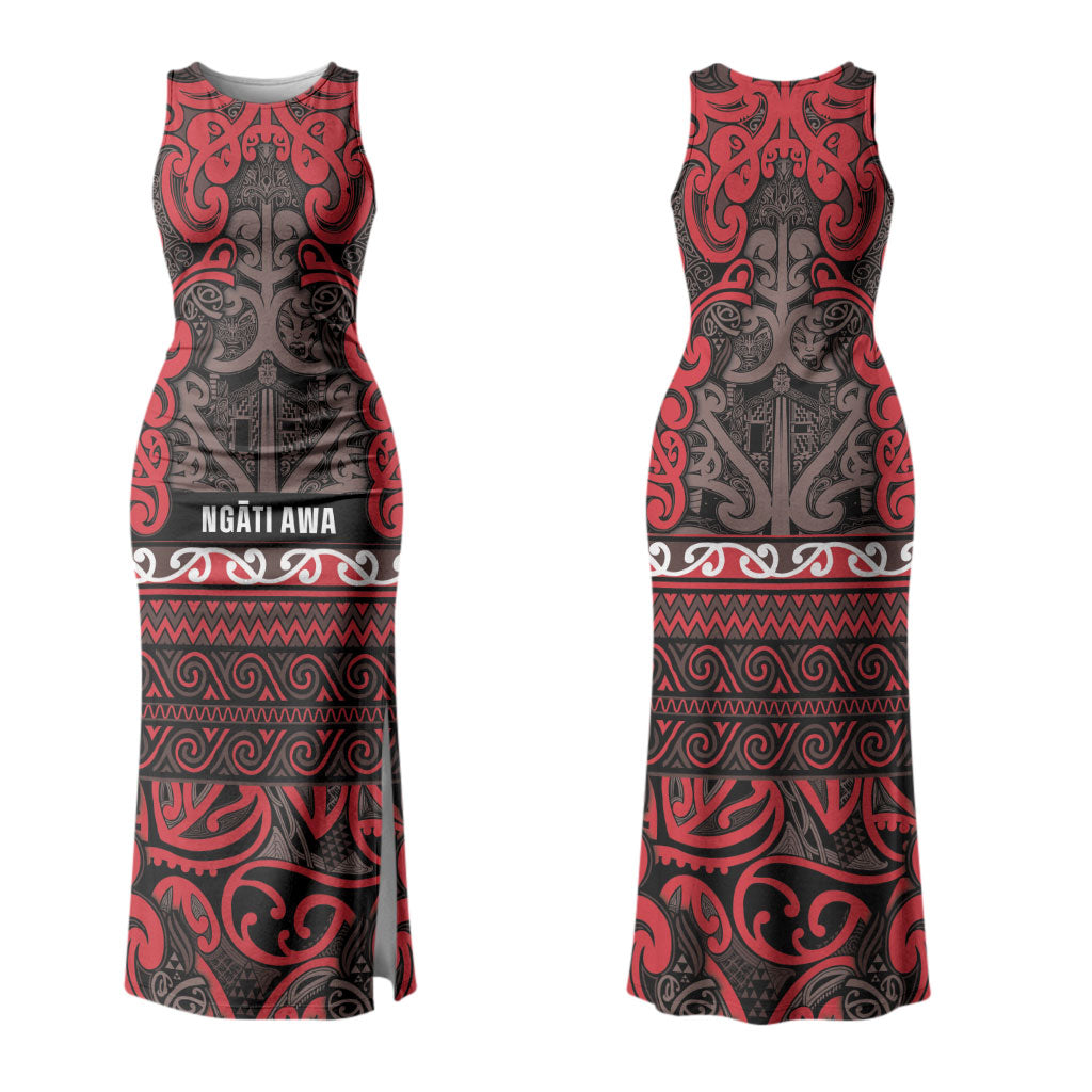 Aotearoa Iwi Ngati Awa Family Matching Tank Maxi Dress and Hawaiian Shirt Maori Wharenui House Tribal Pattern LT9 Mom's Dress Red - Polynesian Pride