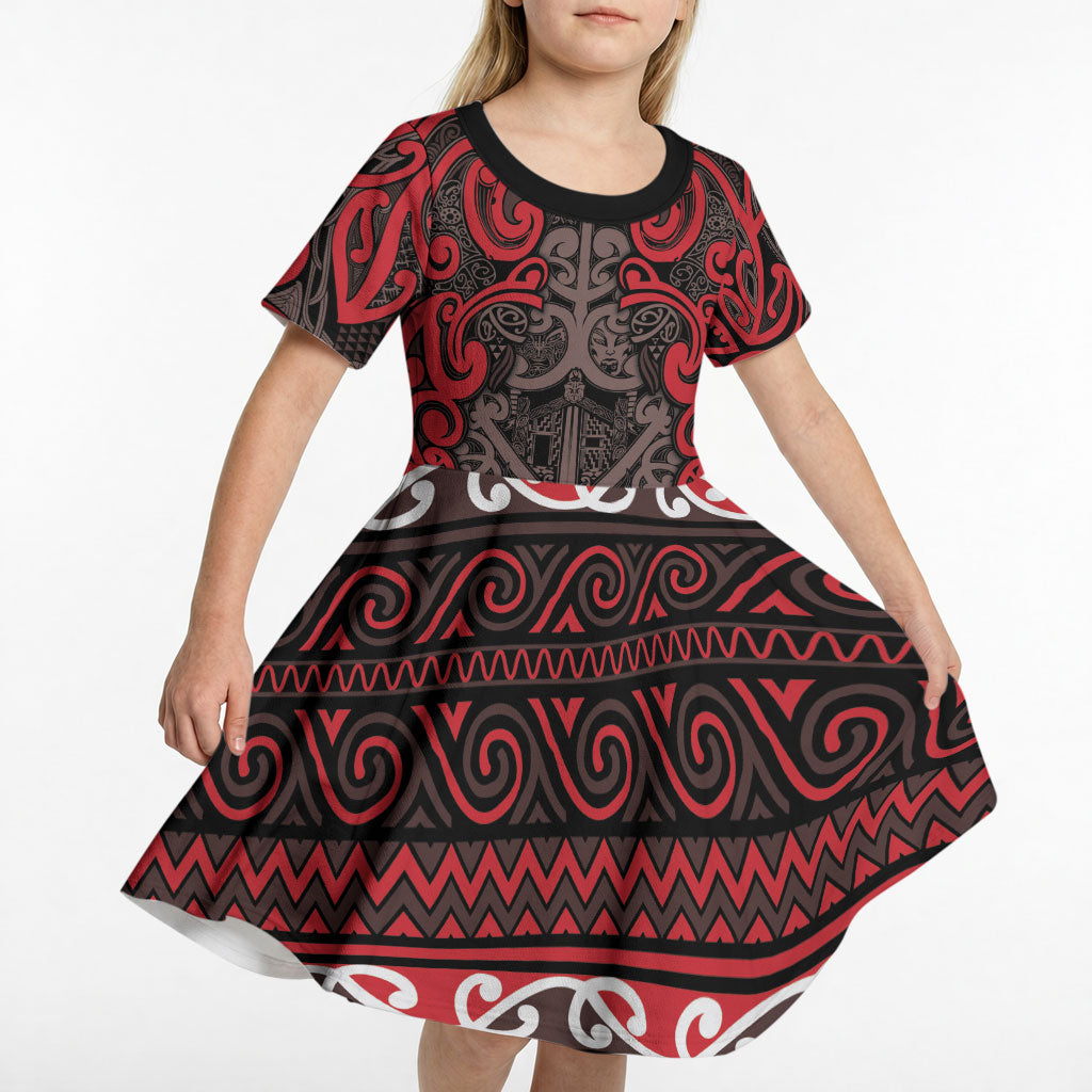 Aotearoa Iwi Ngati Awa Kid Short Sleeve Dress Maori Wharenui House Tribal Pattern LT9 - Polynesian Pride