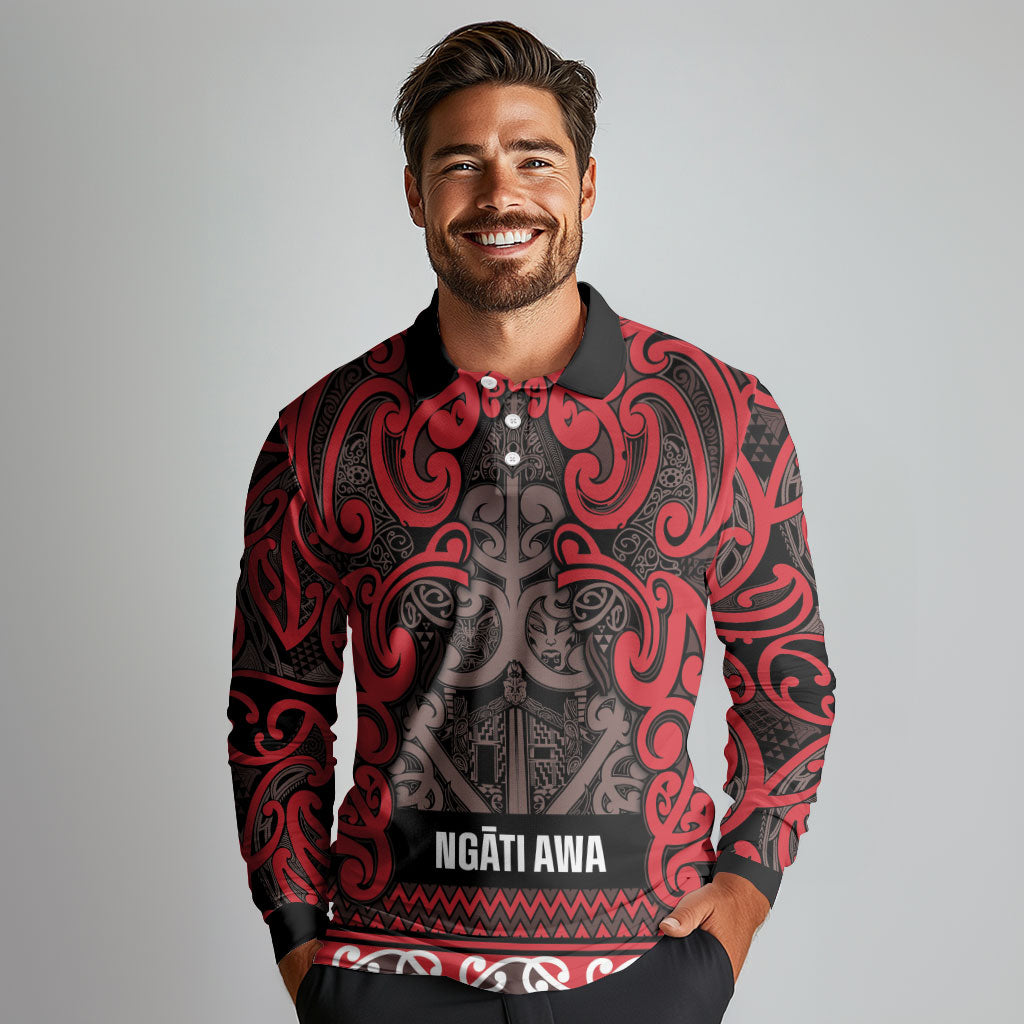 Aotearoa Iwi Ngati Awa Long Sleeve Polo Shirt Maori Wharenui House Tribal Pattern LT9 - Polynesian Pride