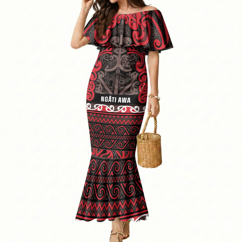 Aotearoa Iwi Ngati Awa Mermaid Dress Maori Wharenui House Tribal Pattern LT9 Women Red - Polynesian Pride