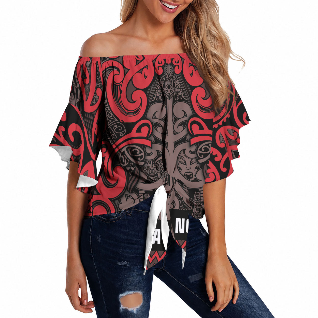 Aotearoa Iwi Ngati Awa Off Shoulder Wrap Waist Top Maori Wharenui House Tribal Pattern LT9 Red - Polynesian Pride