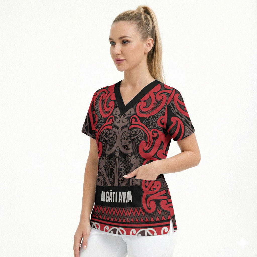 Aotearoa Iwi Ngati Awa Scrub Top Maori Wharenui House Tribal Pattern LT9 - Polynesian Pride