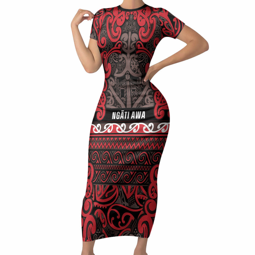 Aotearoa Iwi Ngati Awa Short Sleeve Bodycon Dress Maori Wharenui House Tribal Pattern LT9 Long Dress Red - Polynesian Pride