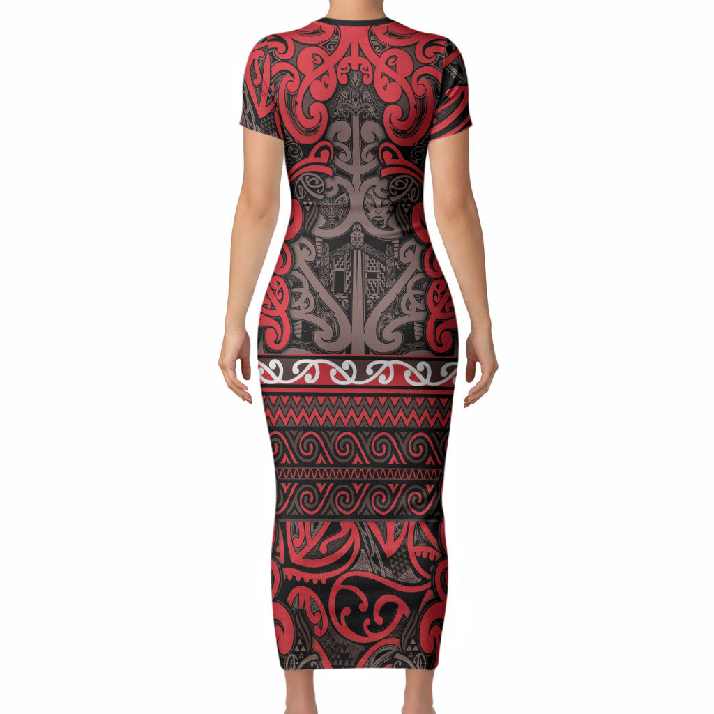 Aotearoa Iwi Ngati Awa Short Sleeve Bodycon Dress Maori Wharenui House Tribal Pattern LT9 - Polynesian Pride