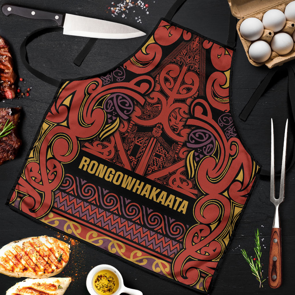 Aotearoa Iwi Rongowhakaata Apron Maori Wharenui House Tribal Pattern LT9 Brick Red - Polynesian Pride