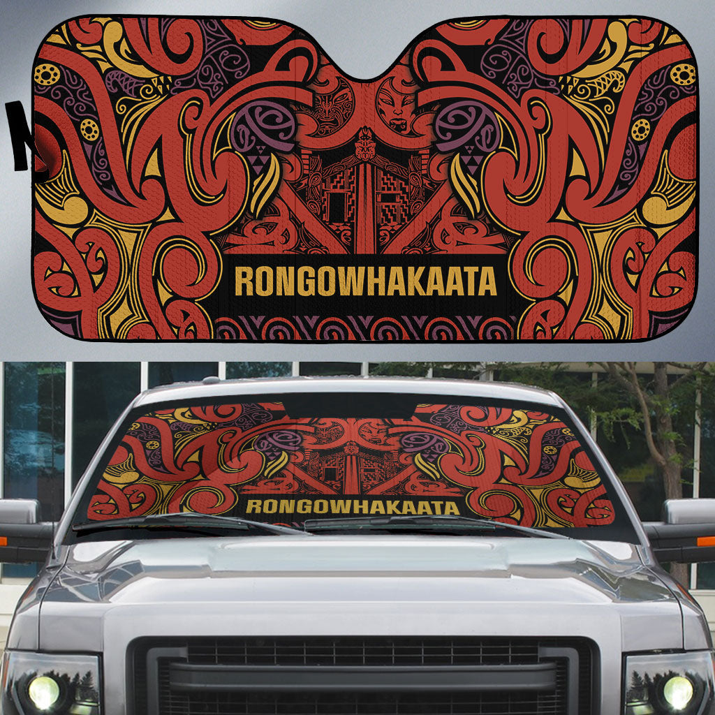 Aotearoa Iwi Rongowhakaata Auto Sun Shade Maori Wharenui House Tribal Pattern LT9 Brick Red - Polynesian Pride