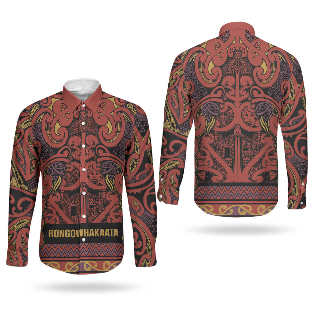 Aotearoa Iwi Rongowhakaata Couples Matching Off Shoulder Maxi Dress and Long Sleeve Button Shirt Maori Wharenui House Tribal Pattern LT9 - Polynesian Pride