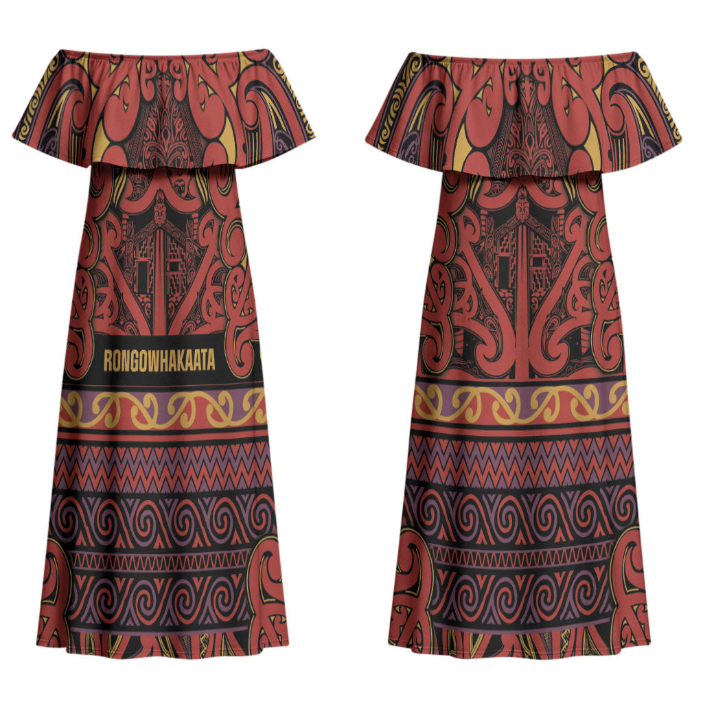 Aotearoa Iwi Rongowhakaata Couples Matching Off Shoulder Maxi Dress and Long Sleeve Button Shirt Maori Wharenui House Tribal Pattern LT9 - Polynesian Pride
