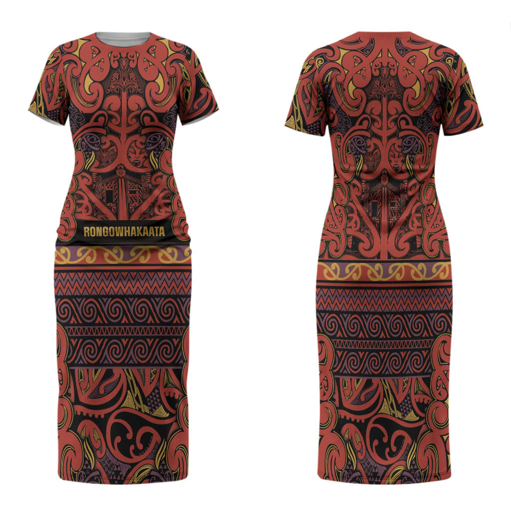 Aotearoa Iwi Rongowhakaata Family Matching Short Sleeve Bodycon Dress and Hawaiian Shirt Maori Wharenui House Tribal Pattern LT9 Mom's Dress Brick Red - Polynesian Pride