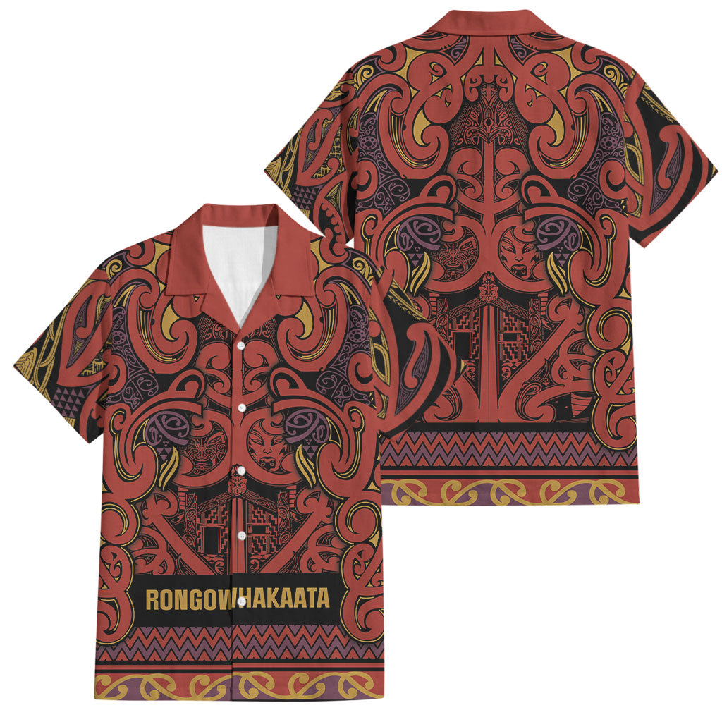 Aotearoa Iwi Rongowhakaata Family Matching Short Sleeve Bodycon Dress and Hawaiian Shirt Maori Wharenui House Tribal Pattern LT9 Dad's Shirt - Short Sleeve Brick Red - Polynesian Pride