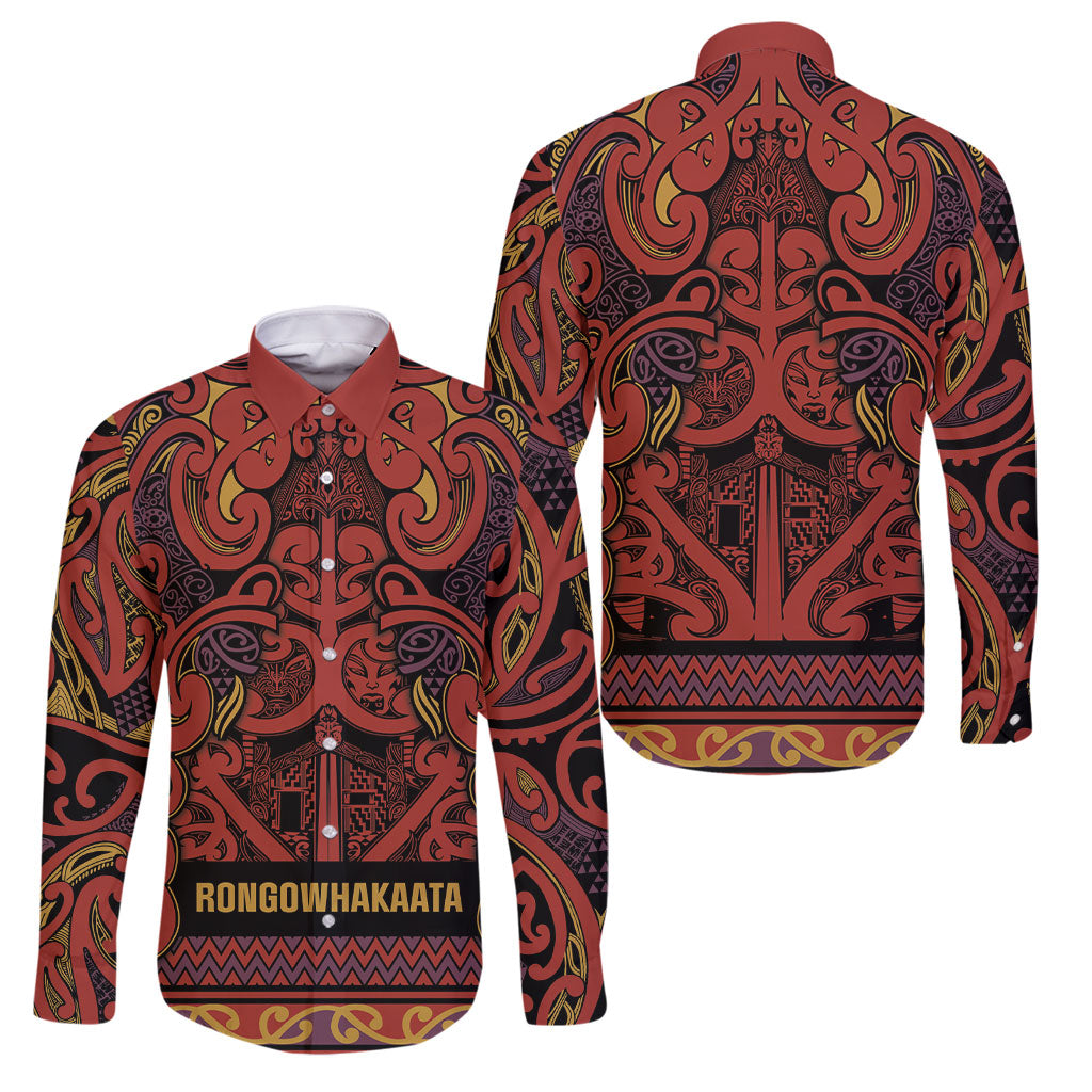 Aotearoa Iwi Rongowhakaata Family Matching Short Sleeve Bodycon Dress and Hawaiian Shirt Maori Wharenui House Tribal Pattern LT9 Dad's Shirt - Long Sleeve Brick Red - Polynesian Pride