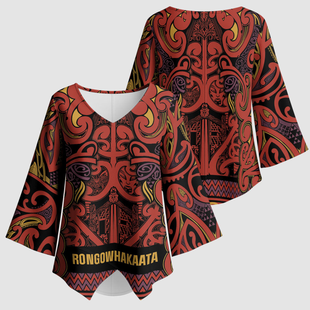 Aotearoa Iwi Rongowhakaata Kimono Sleeve Blouse Maori Wharenui House Tribal Pattern LT9 - Polynesian Pride