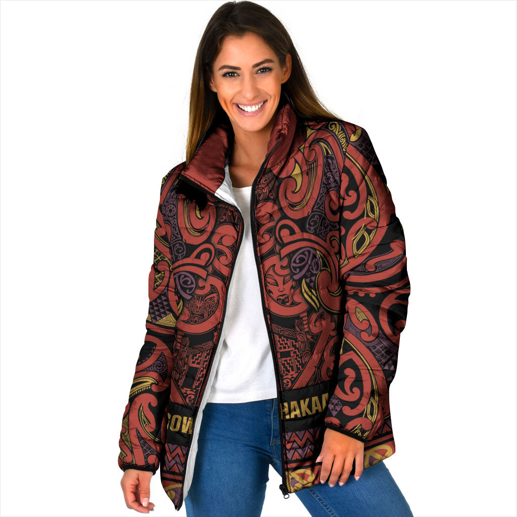 Aotearoa Iwi Rongowhakaata Padded Jacket Maori Wharenui House Tribal Pattern LT9 Women Brick Red - Polynesian Pride