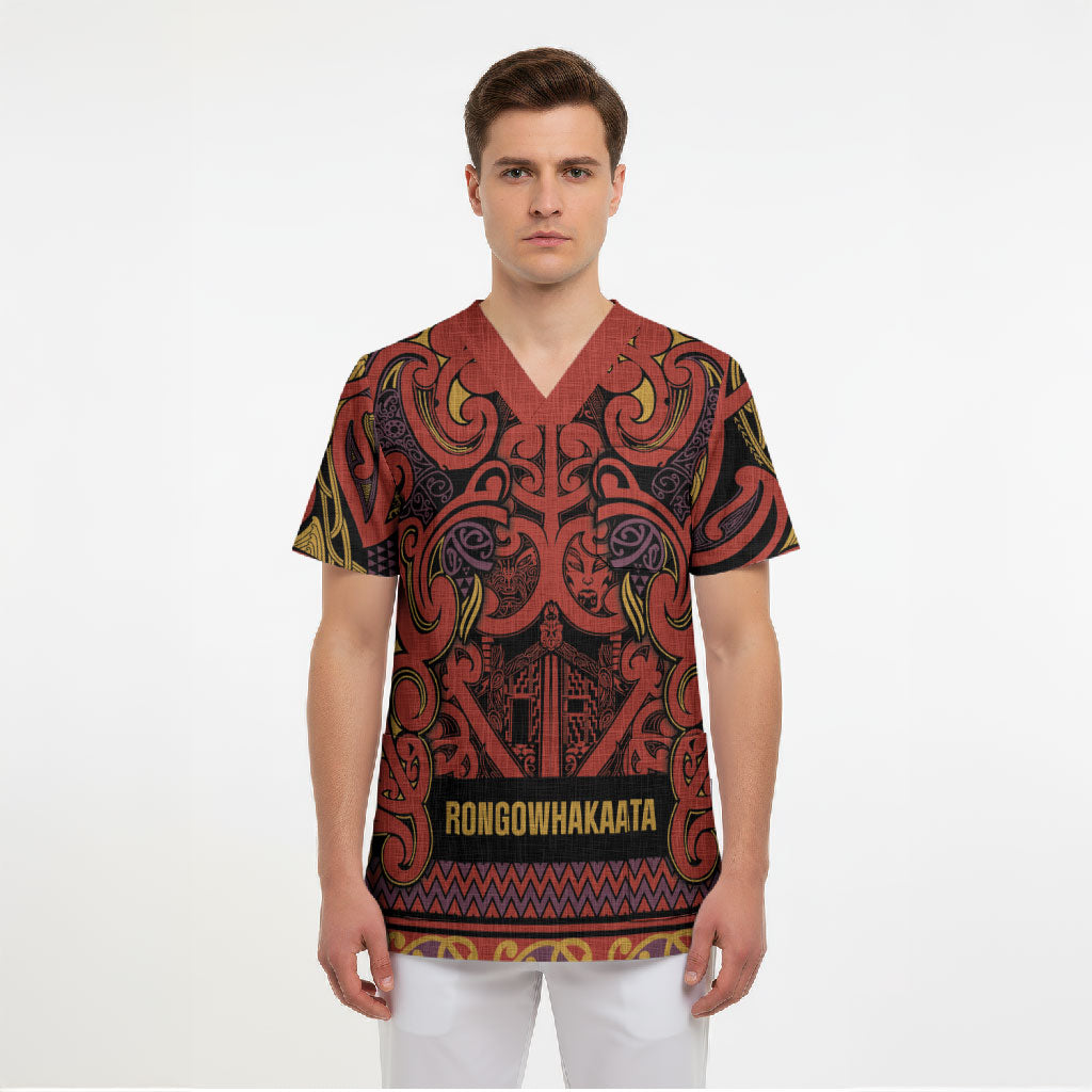 Aotearoa Iwi Rongowhakaata Scrub Top Maori Wharenui House Tribal Pattern LT9 - Polynesian Pride