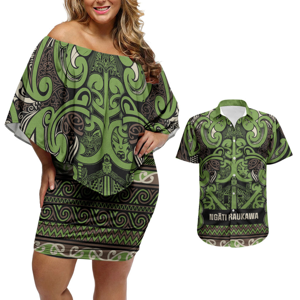 Aotearoa Iwi Ngati Raukawa Couples Matching Off Shoulder Short Dress and Hawaiian Shirt Maori Wharenui House Tribal Pattern LT9 Olive green - Polynesian Pride