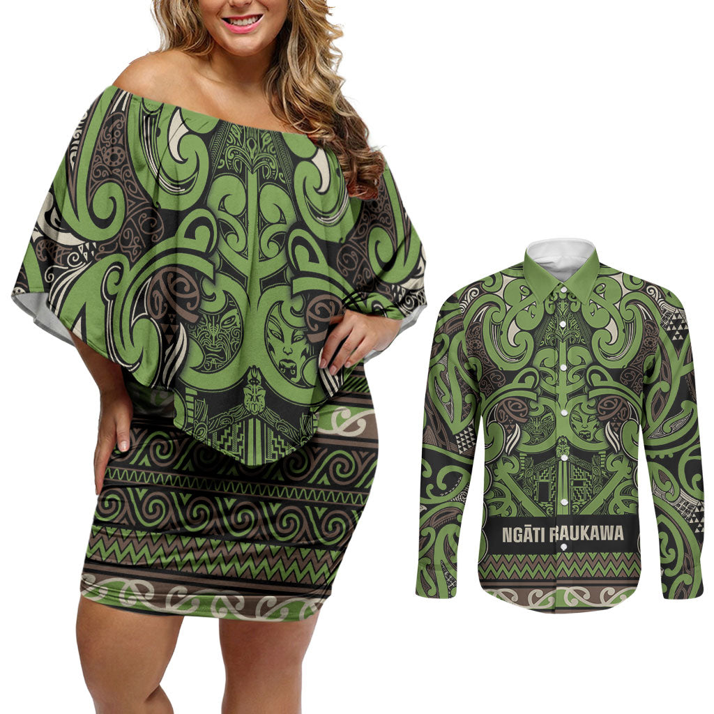 Aotearoa Iwi Ngati Raukawa Couples Matching Off Shoulder Short Dress and Long Sleeve Button Shirt Maori Wharenui House Tribal Pattern LT9 Olive green - Polynesian Pride