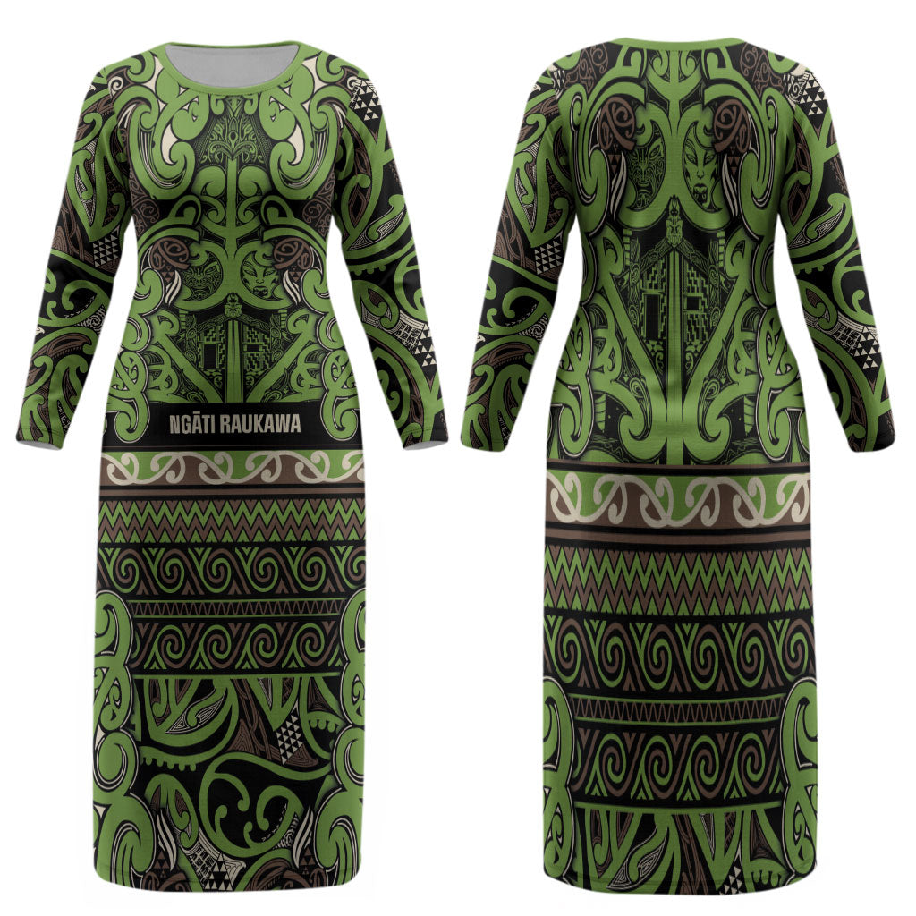 Aotearoa Iwi Ngati Raukawa Family Matching Long Sleeve Bodycon Dress and Hawaiian Shirt Maori Wharenui House Tribal Pattern LT9 Mom's Dress Olive green - Polynesian Pride