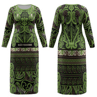 Aotearoa Iwi Ngati Raukawa Family Matching Long Sleeve Bodycon Dress and Hawaiian Shirt Maori Wharenui House Tribal Pattern LT9 Mom's Dress Olive green - Polynesian Pride