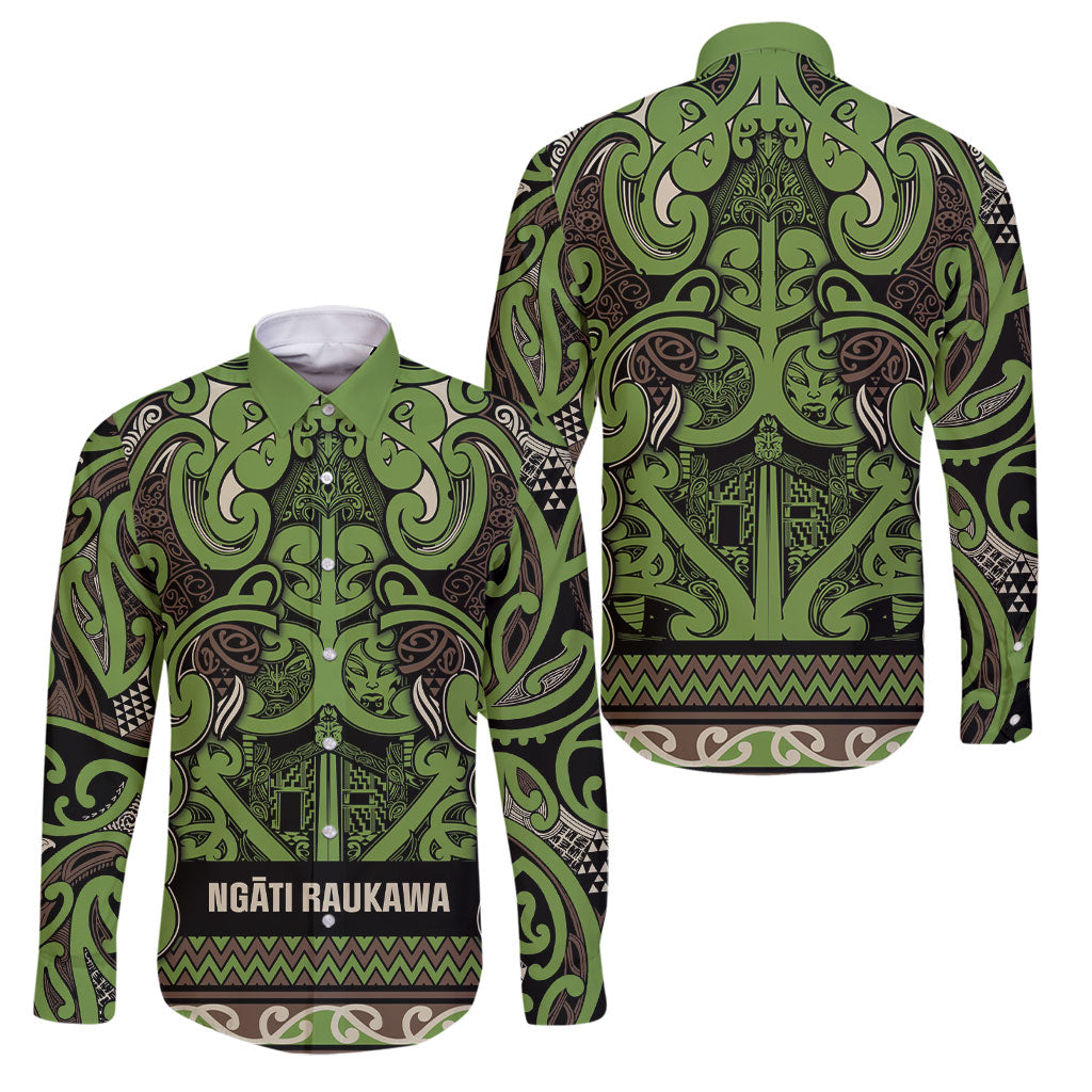 Aotearoa Iwi Ngati Raukawa Family Matching Long Sleeve Bodycon Dress and Hawaiian Shirt Maori Wharenui House Tribal Pattern LT9 Dad's Shirt - Long Sleeve Olive green - Polynesian Pride