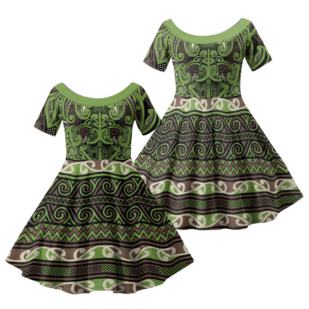 Aotearoa Iwi Ngati Raukawa Family Matching Off The Shoulder Long Sleeve Dress and Hawaiian Shirt Maori Wharenui House Tribal Pattern LT9 Daughter's Dress Olive green - Polynesian Pride