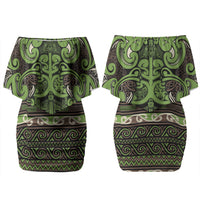 Aotearoa Iwi Ngati Raukawa Family Matching Off Shoulder Short Dress and Hawaiian Shirt Maori Wharenui House Tribal Pattern LT9 Mom's Dress Olive green - Polynesian Pride