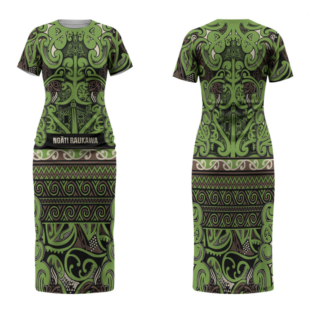 Aotearoa Iwi Ngati Raukawa Family Matching Short Sleeve Bodycon Dress and Hawaiian Shirt Maori Wharenui House Tribal Pattern LT9 Mom's Dress Olive green - Polynesian Pride