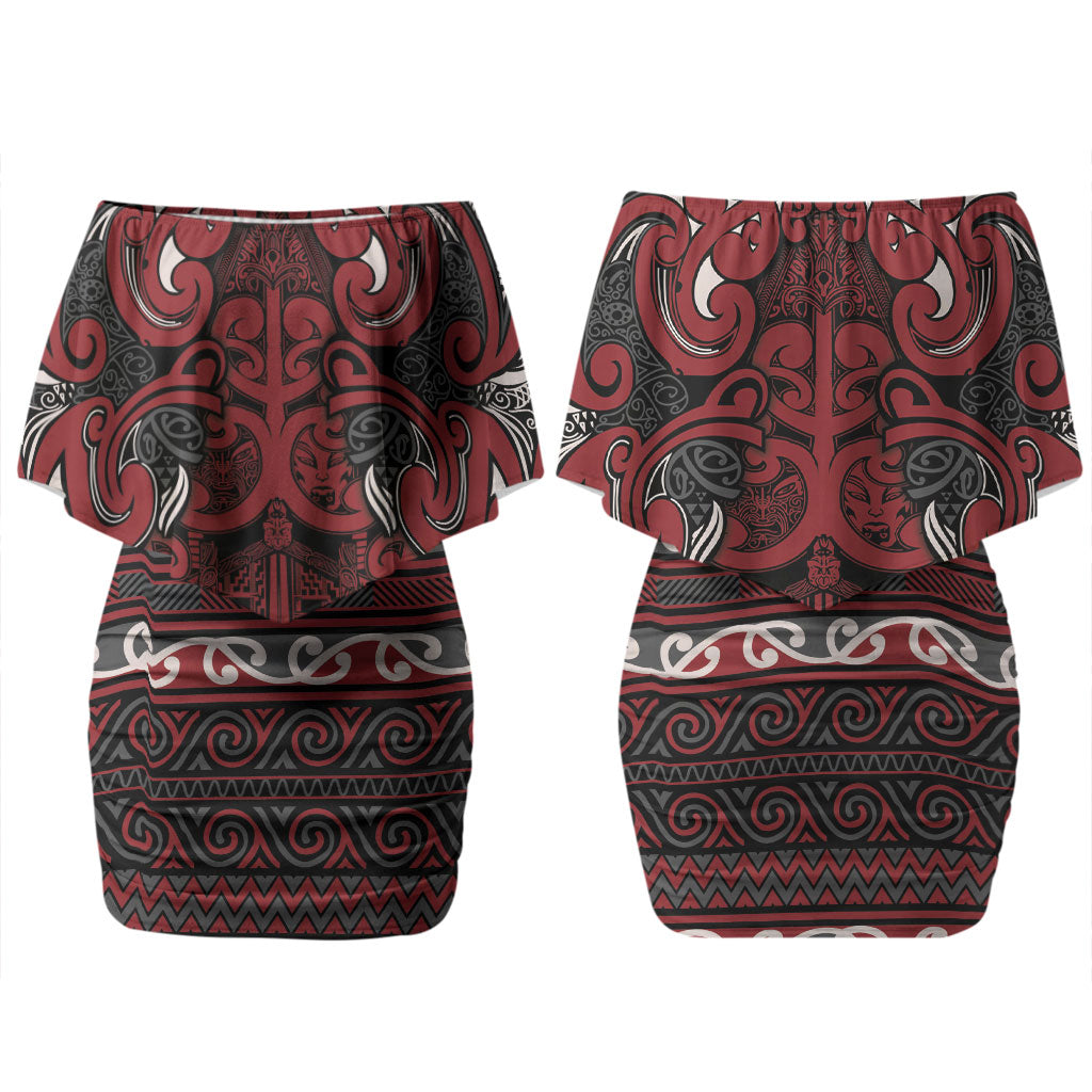 Aotearoa Iwi Ngati Toa Couples Matching Off Shoulder Short Dress and Long Sleeve Button Shirt Maori Wharenui House Tribal Pattern LT9 - Polynesian Pride