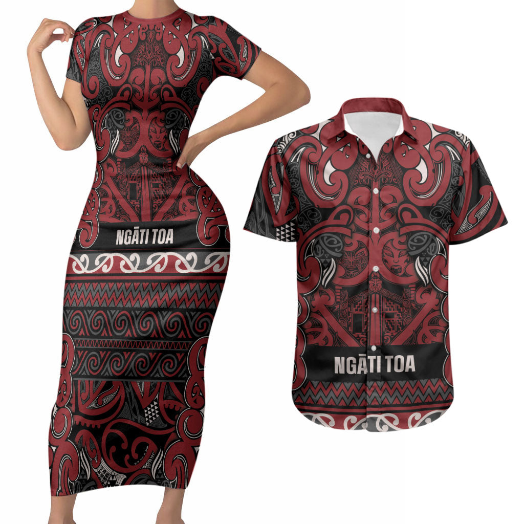 Aotearoa Iwi Ngati Toa Couples Matching Short Sleeve Bodycon Dress and Hawaiian Shirt Maori Wharenui House Tribal Pattern LT9 Dark Red - Polynesian Pride