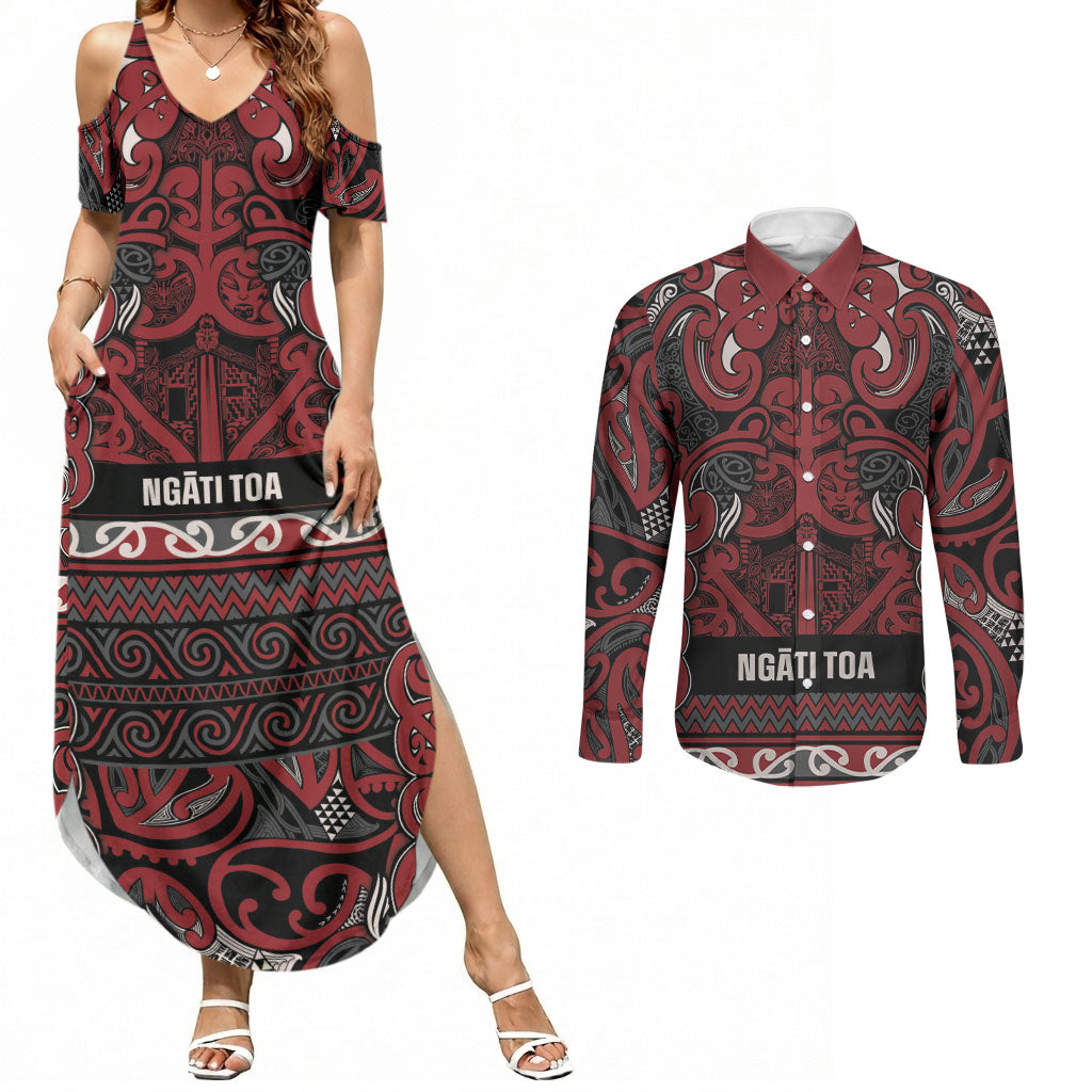 Aotearoa Iwi Ngati Toa Couples Matching Summer Maxi Dress and Long Sleeve Button Shirt Maori Wharenui House Tribal Pattern LT9 Dark Red - Polynesian Pride