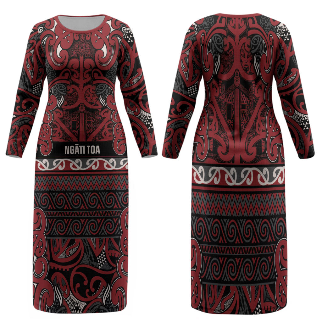 Aotearoa Iwi Ngati Toa Family Matching Long Sleeve Bodycon Dress and Hawaiian Shirt Maori Wharenui House Tribal Pattern LT9 Mom's Dress Dark Red - Polynesian Pride
