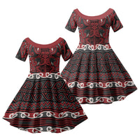 Aotearoa Iwi Ngati Toa Family Matching Long Sleeve Bodycon Dress and Hawaiian Shirt Maori Wharenui House Tribal Pattern LT9 Daughter's Dress Dark Red - Polynesian Pride