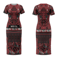 Aotearoa Iwi Ngati Toa Family Matching Short Sleeve Bodycon Dress and Hawaiian Shirt Maori Wharenui House Tribal Pattern LT9 Mom's Dress Dark Red - Polynesian Pride