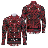 Aotearoa Iwi Ngati Toa Family Matching Summer Maxi Dress and Hawaiian Shirt Maori Wharenui House Tribal Pattern LT9 Dad's Shirt - Long Sleeve Dark Red - Polynesian Pride