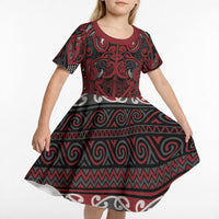 Aotearoa Iwi Ngati Toa Kid Short Sleeve Dress Maori Wharenui House Tribal Pattern LT9 - Polynesian Pride