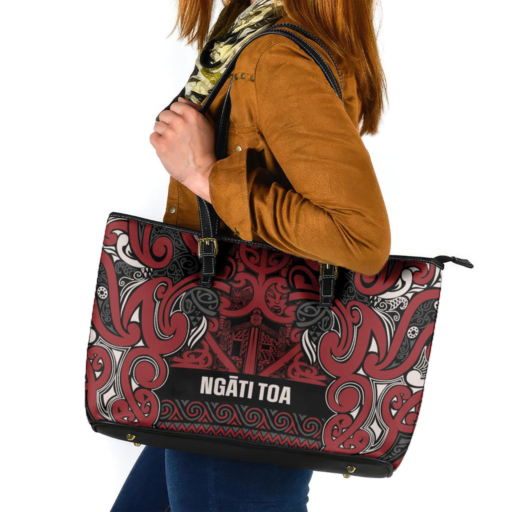 Aotearoa Iwi Ngati Toa Leather Tote Bag Maori Wharenui House Tribal Pattern
