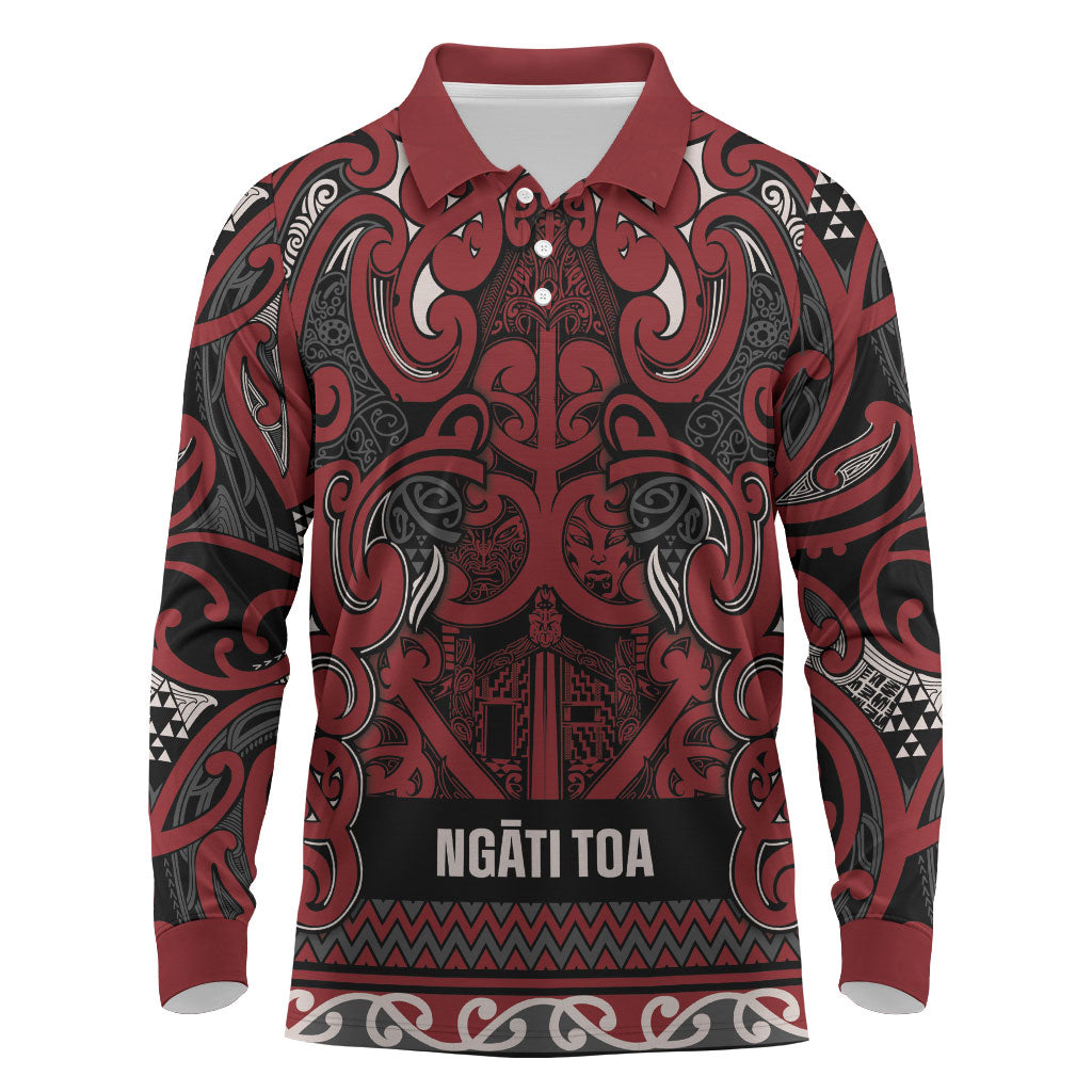 Aotearoa Iwi Ngati Toa Long Sleeve Polo Shirt Maori Wharenui House Tribal Pattern LT9 Dark Red - Polynesian Pride
