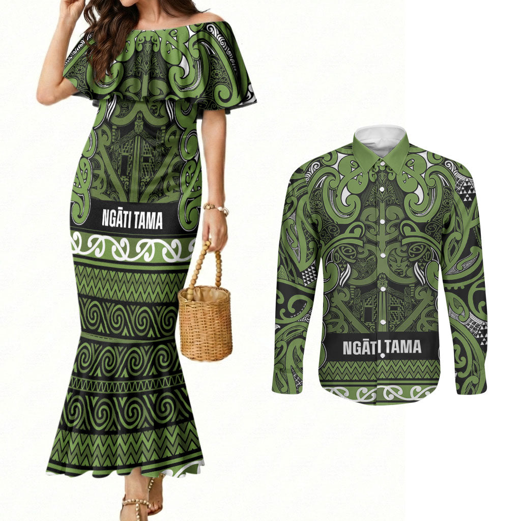Aotearoa Iwi Ngāti Tama ki Taranaki Trust Couples Matching Mermaid Dress and Long Sleeve Button Shirt Maori Wharenui House Tribal Pattern LT9 Lime - Polynesian Pride