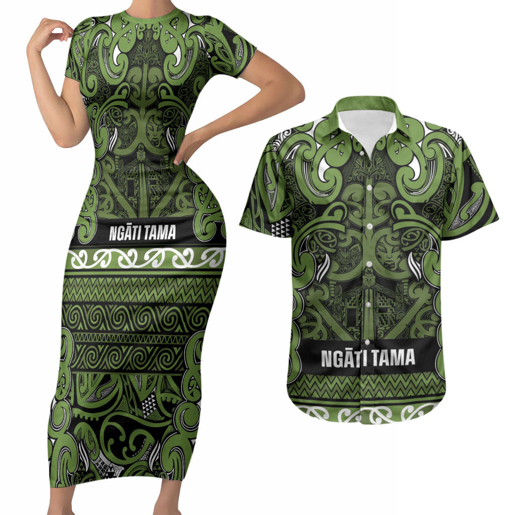 Aotearoa Iwi Ngāti Tama ki Taranaki Trust Couples Matching Short Sleeve Bodycon Dress and Hawaiian Shirt Maori Wharenui House Tribal Pattern LT9 Lime - Polynesian Pride