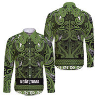 Aotearoa Iwi Ngāti Tama ki Taranaki Trust Family Matching Long Sleeve Bodycon Dress and Hawaiian Shirt Maori Wharenui House Tribal Pattern LT9 Dad's Shirt - Long Sleeve Lime - Polynesian Pride