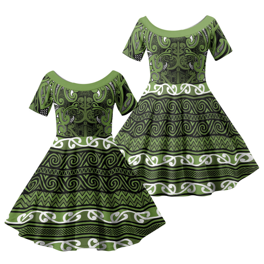 Aotearoa Iwi Ngāti Tama ki Taranaki Trust Family Matching Long Sleeve Bodycon Dress and Hawaiian Shirt Maori Wharenui House Tribal Pattern LT9 Daughter's Dress Lime - Polynesian Pride
