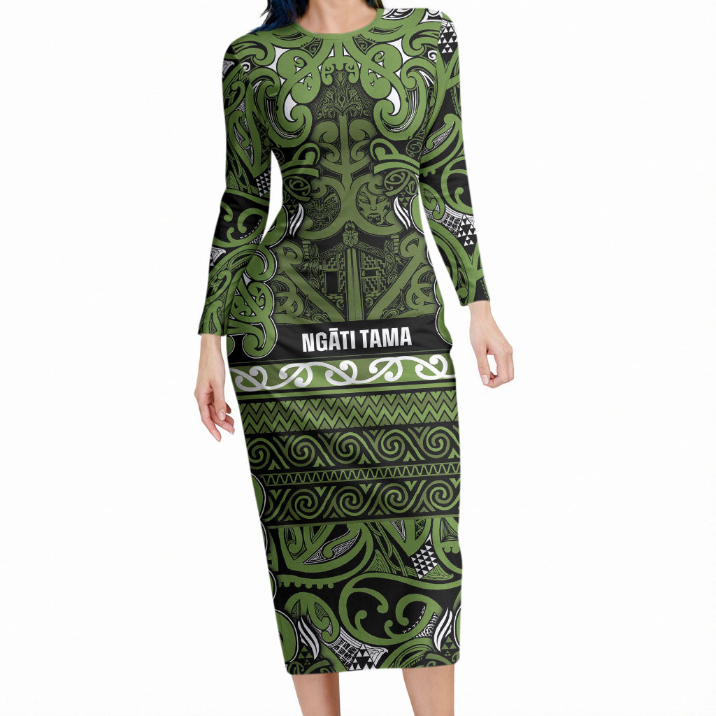 Aotearoa Iwi Ngāti Tama ki Taranaki Trust Long Sleeve Bodycon Dress Maori Wharenui House Tribal Pattern LT9 Long Dress Lime - Polynesian Pride