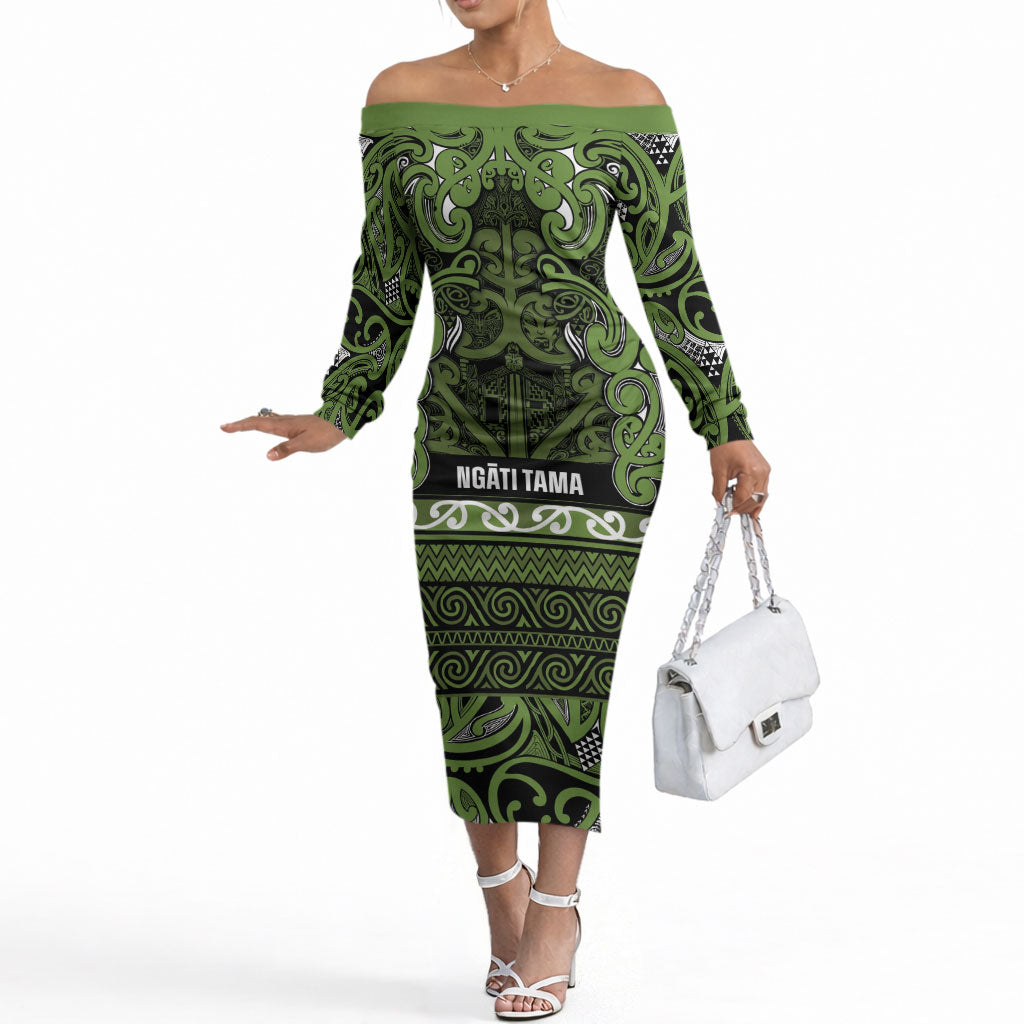 Aotearoa Iwi Ngāti Tama ki Taranaki Trust Off The Shoulder Long Sleeve Dress Maori Wharenui House Tribal Pattern LT9 Women Lime - Polynesian Pride