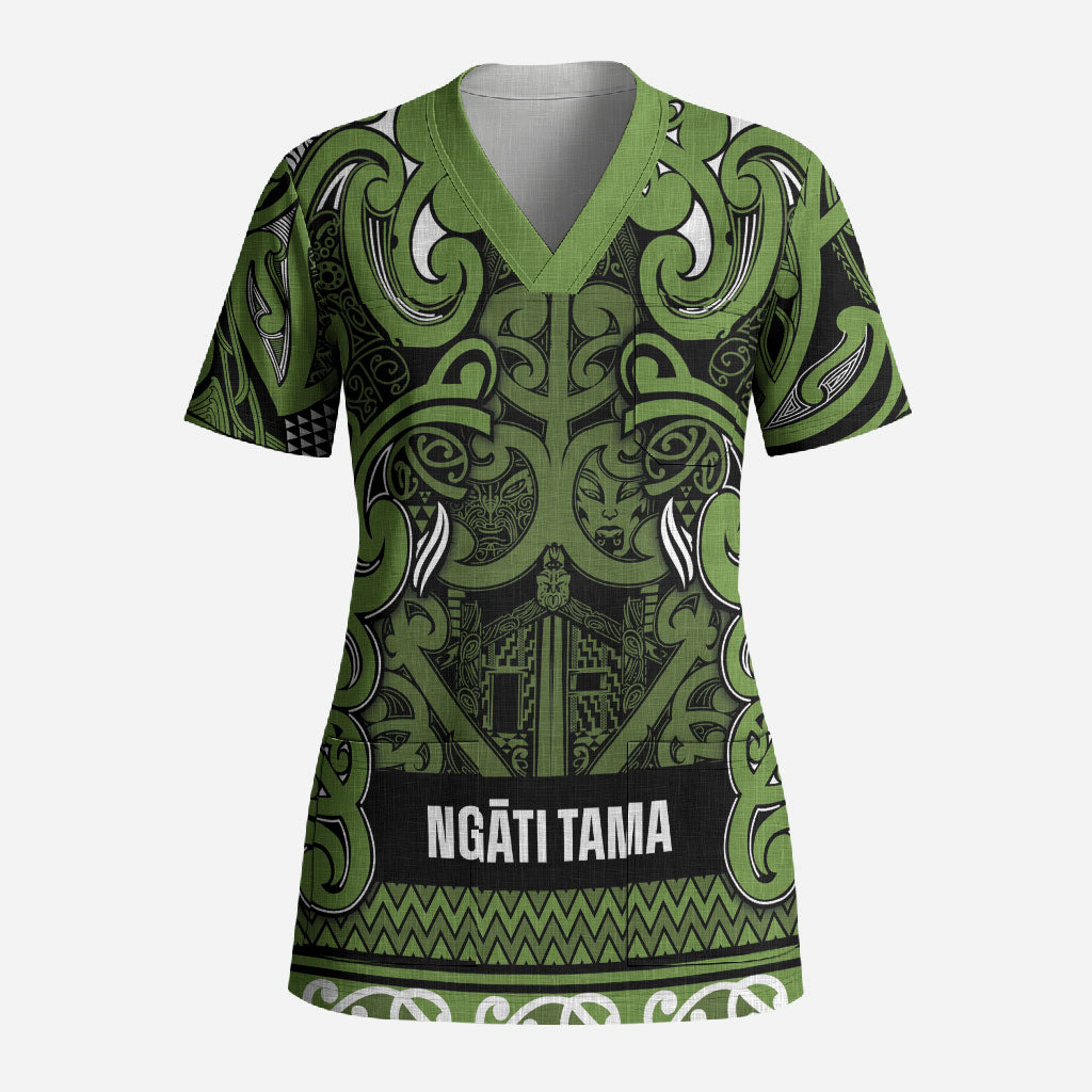 Aotearoa Iwi Ngāti Tama ki Taranaki Trust Scrub Top Maori Wharenui House Tribal Pattern LT9 Adult Lime - Polynesian Pride