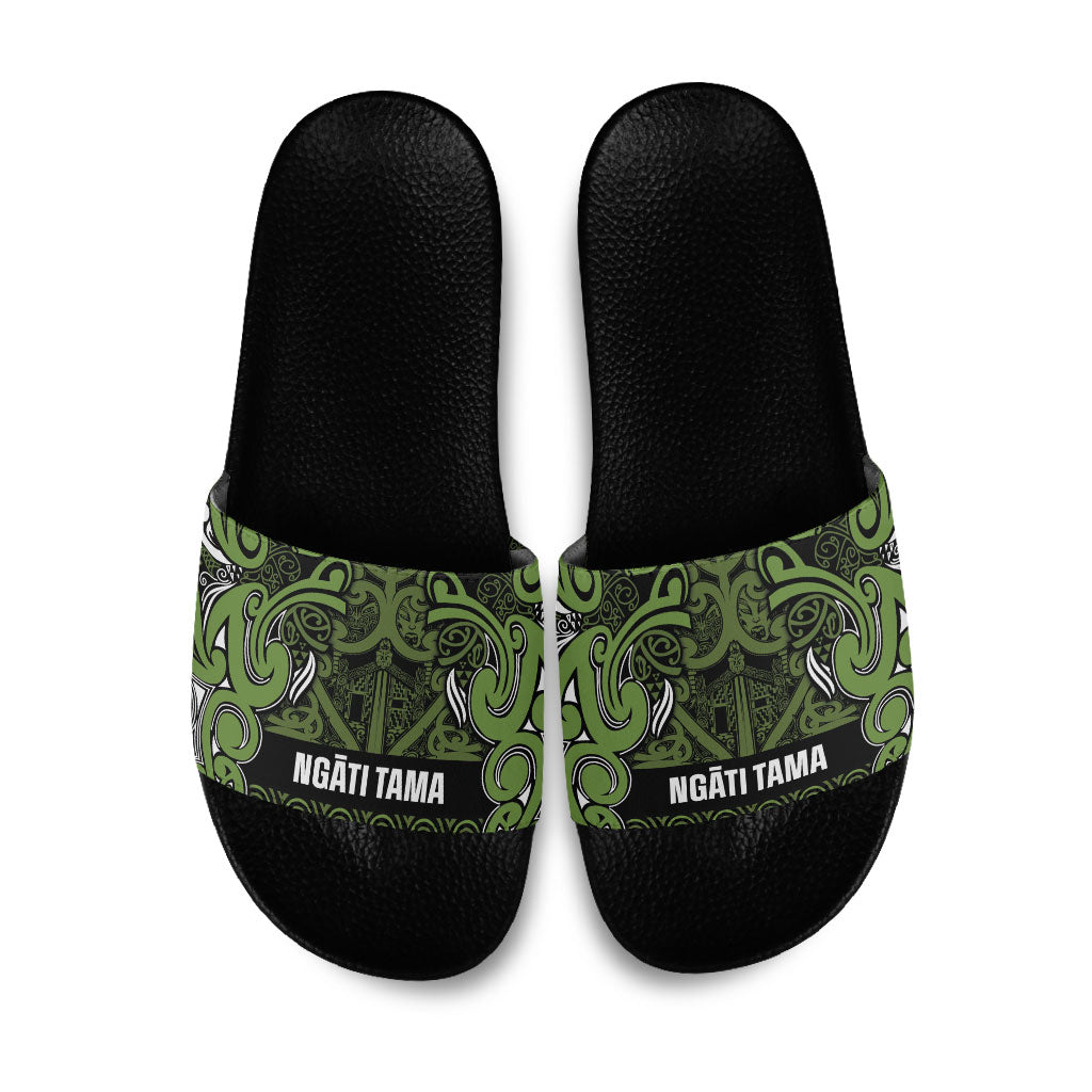 Aotearoa Iwi Ngāti Tama ki Taranaki Trust Slide Sandals Maori Wharenui House Tribal Pattern LT9 Lime - Polynesian Pride
