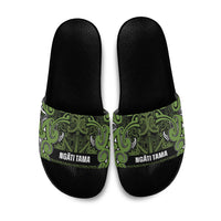 Aotearoa Iwi Ngāti Tama ki Taranaki Trust Slide Sandals Maori Wharenui House Tribal Pattern LT9 Lime - Polynesian Pride
