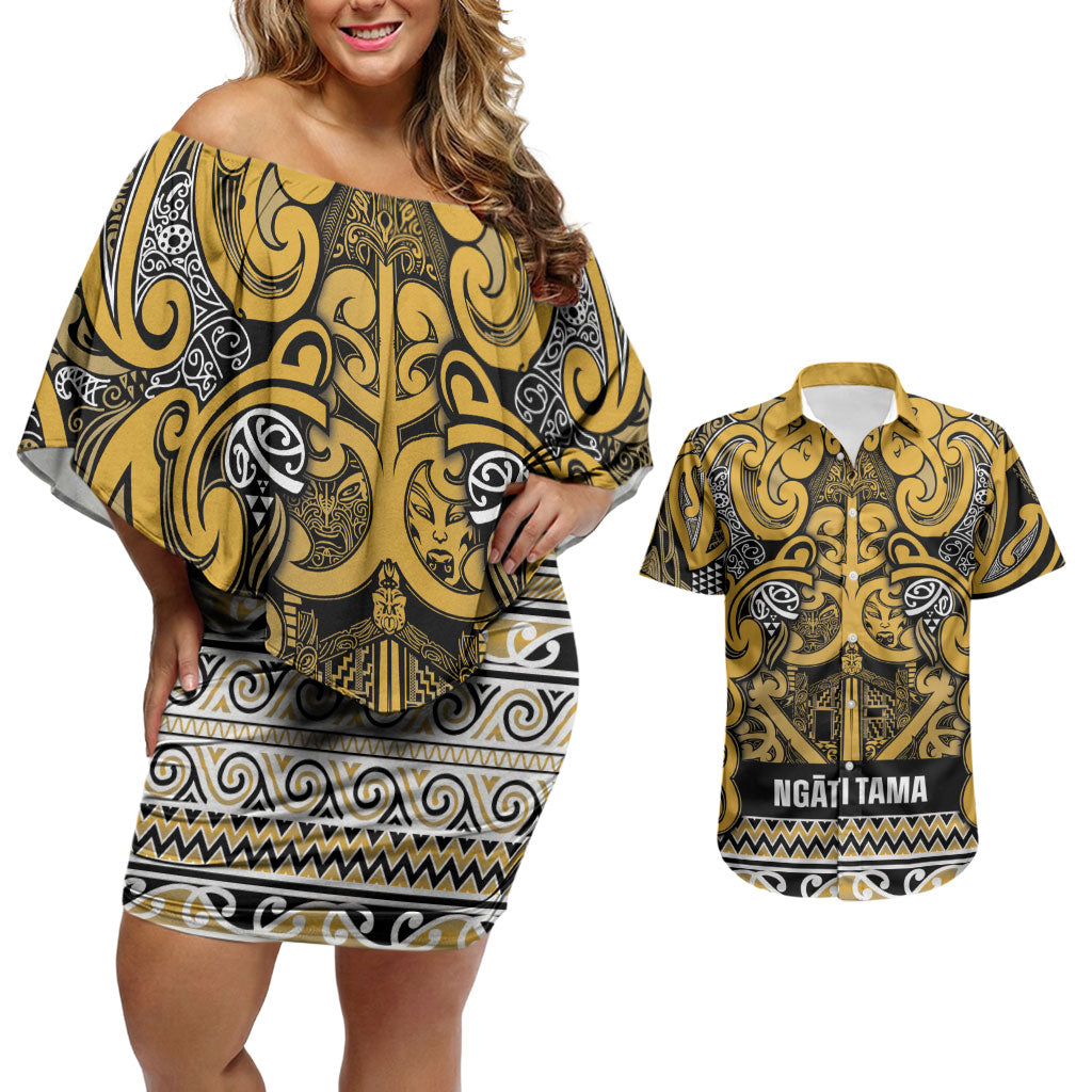 Aotearoa Iwi Ngāti Tama ki Te Waipounamu Trust Couples Matching Off Shoulder Short Dress and Hawaiian Shirt Maori Wharenui House Tribal Pattern LT9 Gold - Polynesian Pride