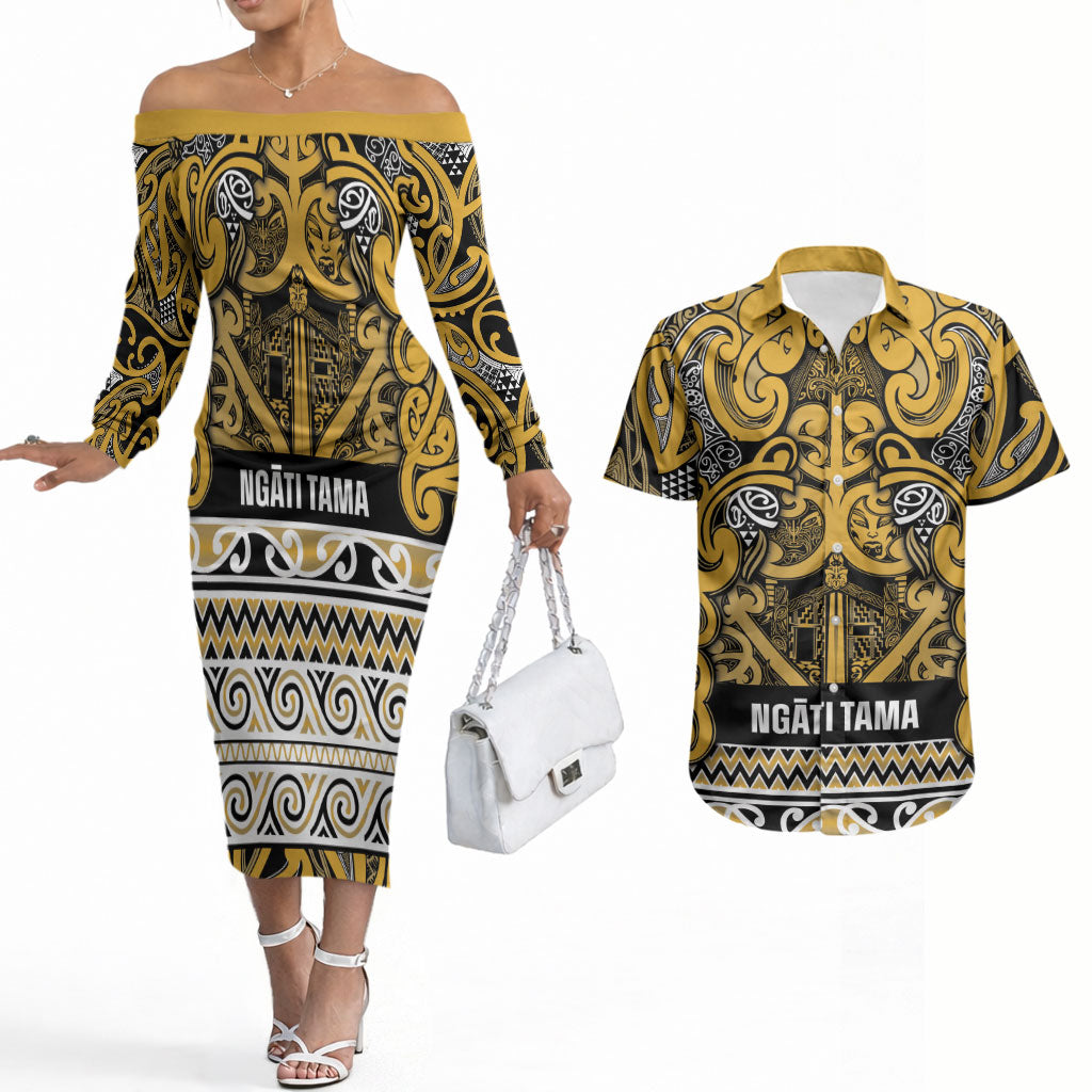 Aotearoa Iwi Ngāti Tama ki Te Waipounamu Trust Couples Matching Off The Shoulder Long Sleeve Dress and Hawaiian Shirt Maori Wharenui House Tribal Pattern LT9 Gold - Polynesian Pride