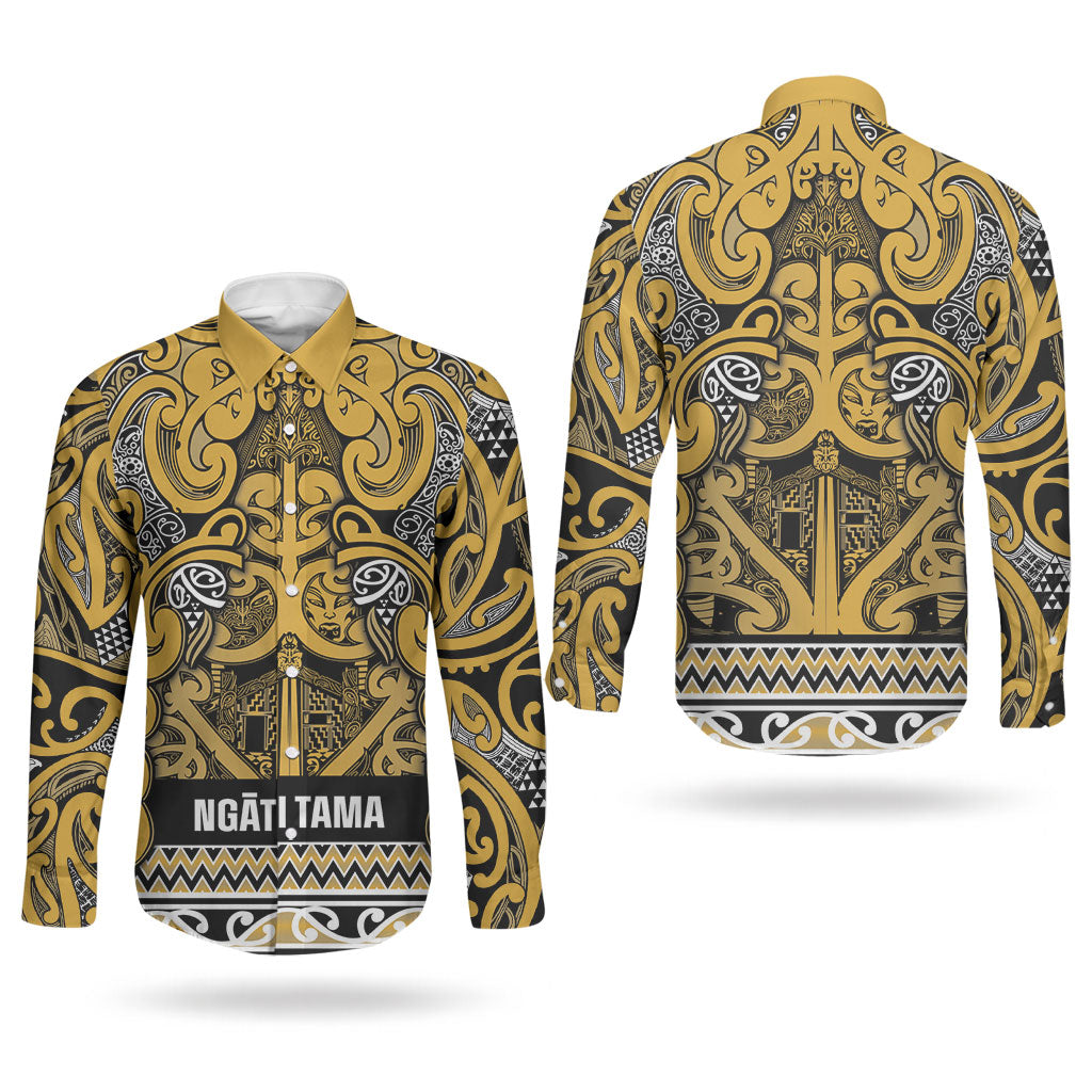 Aotearoa Iwi Ngāti Tama ki Te Waipounamu Trust Couples Matching Off The Shoulder Long Sleeve Dress and Long Sleeve Button Shirt Maori Wharenui House Tribal Pattern LT9 - Polynesian Pride